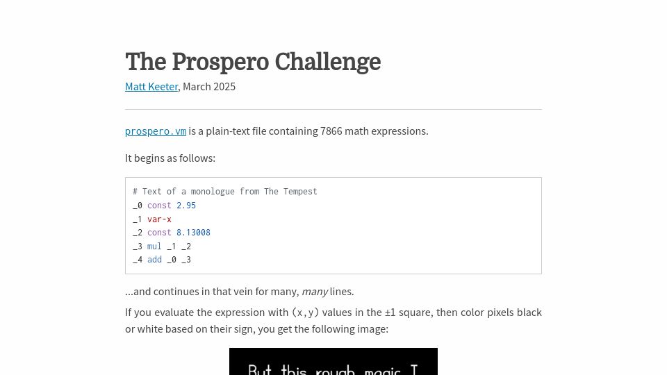 Screenshot of mattkeeter.com: The Prospero Challenge