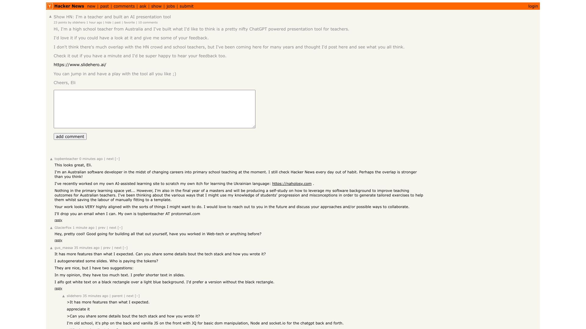 Screenshot of this Hacker News post: Show HN: I'm a teacher and built an AI presentation tool