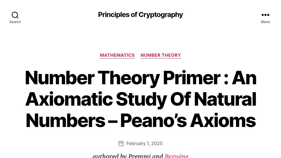 Screenshot of principlesofcryptography.com: Peano's Axioms