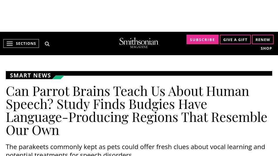 Screenshot of smithsonianmag.com: Can Parrot Brains Teach Us About Human Speech?