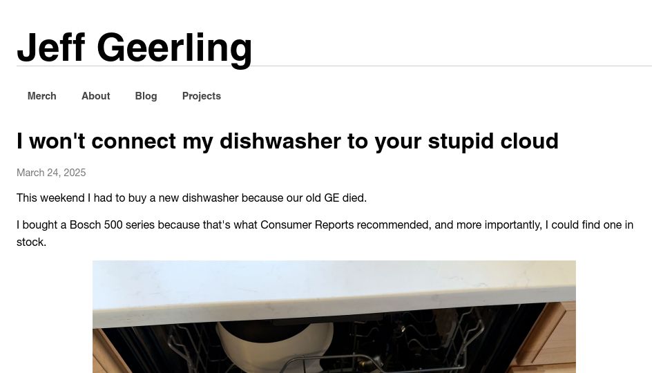 Screenshot of jeffgeerling.com: I won't connect my dishwasher to your cloud