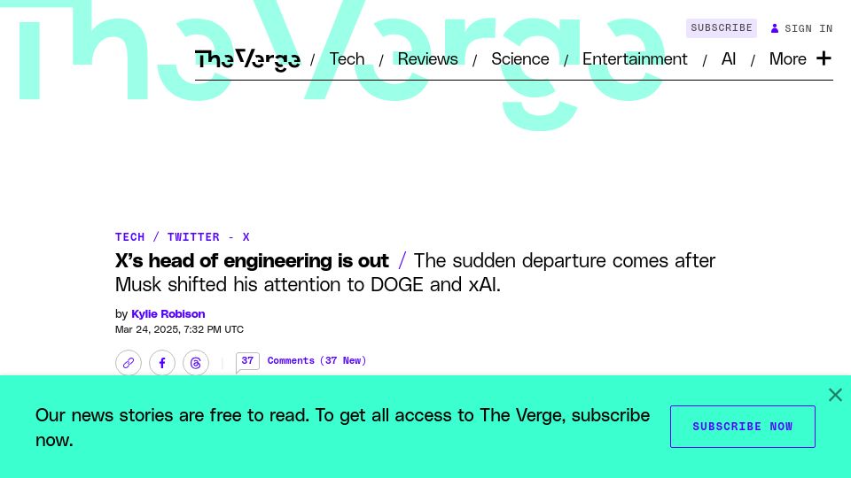 Screenshot of theverge.com: X’s director of engineering, Haofei Wang, has left the company