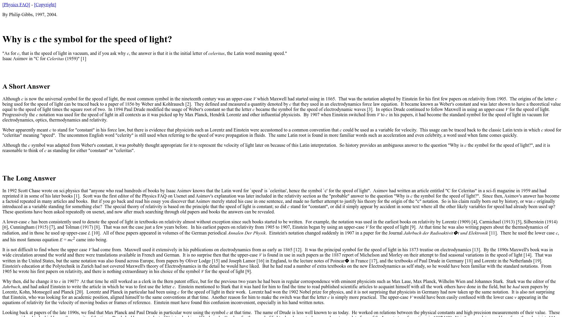 Screenshot of math.ucr.edu: Why is C the symbol for the speed of light? (2004)
