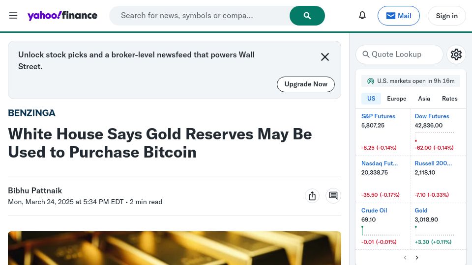 Screenshot of finance.yahoo.com: White House Says Gold Reserves May Be Used to Purchase Bitcoin