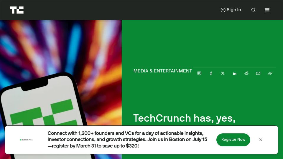Screenshot of techcrunch.com: Yahoo is selling TechCrunch to private equity firm Regent