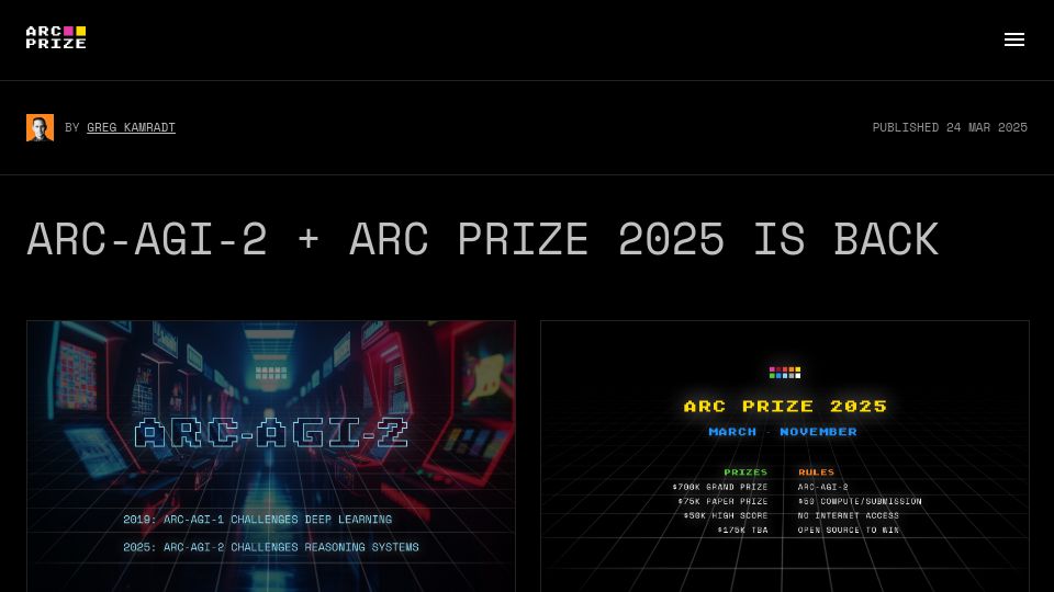 Screenshot of arcprize.org: Arc-AGI-2 and ARC Prize 2025