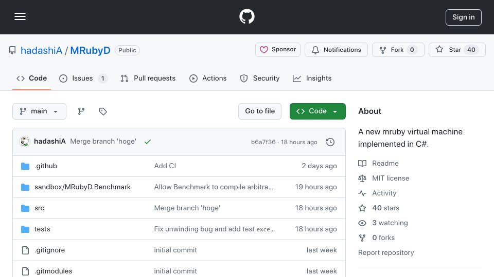 Screenshot of github.com: MRubyD: A new mruby virtual machine implemented in pure C#