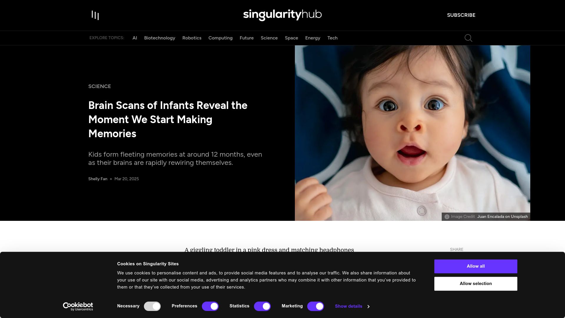 Screenshot of singularityhub.com: Brain Scans of Infants Reveal the Moment We Start Making Memories