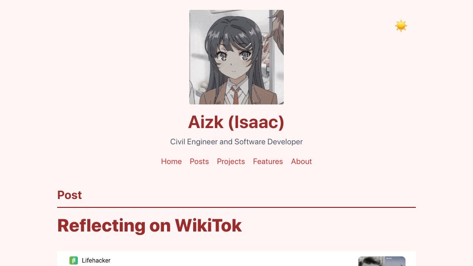Screenshot of aizk.sh: Reflecting on WikiTok