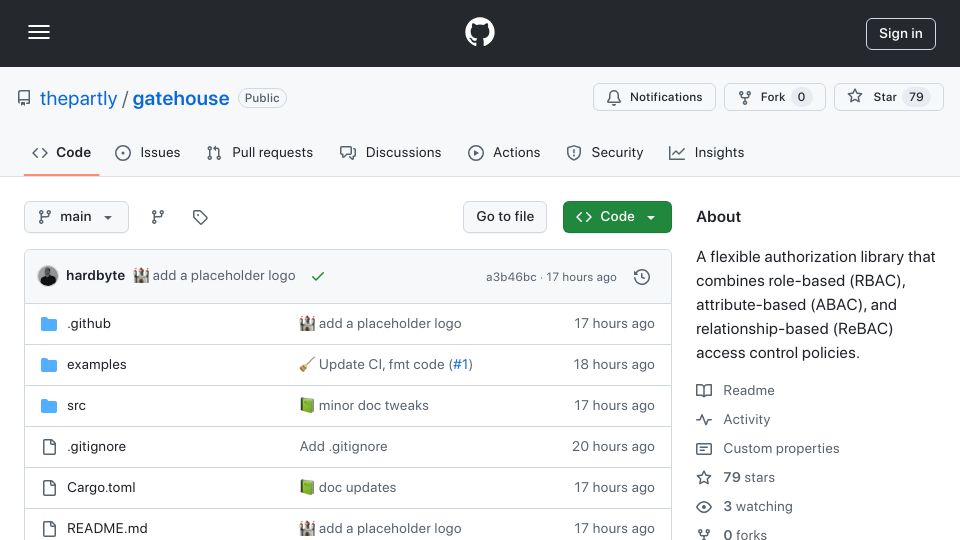 Screenshot of github.com: Gatehouse – a composable, async-friendly authorization policy framework in Rust