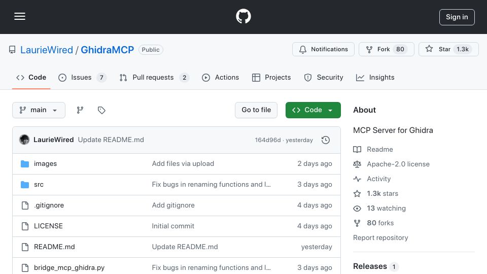 Screenshot of github.com: MCP server for Ghidra