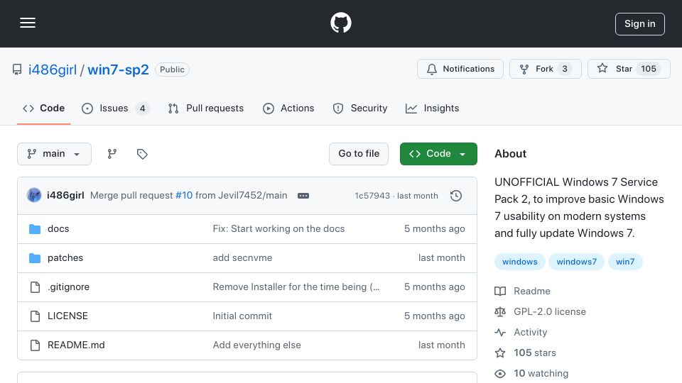 Screenshot of github.com: Unofficial Windows 7 Service Pack 2