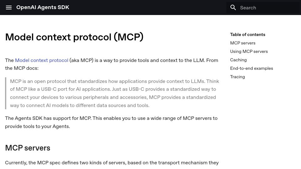Screenshot of openai.github.io: OpenAI adds MCP support to Agents SDK