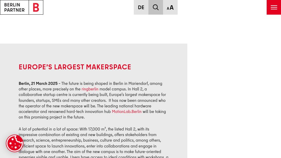 Screenshot of berlin-partner.de: Europe's Largest Makerspace