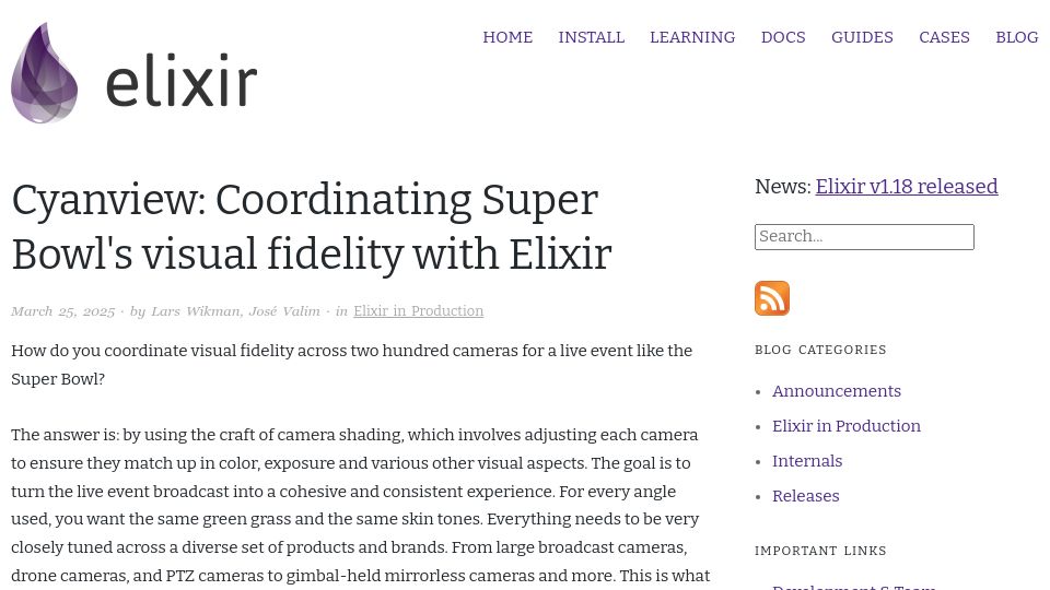 Screenshot of elixir-lang.org: Coordinating the Superbowl's visual fidelity with Elixir