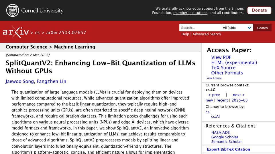 Screenshot of arxiv.org: SplitQuantV2: Enhancing Low-Bit Quantization of LLMs Without GPUs