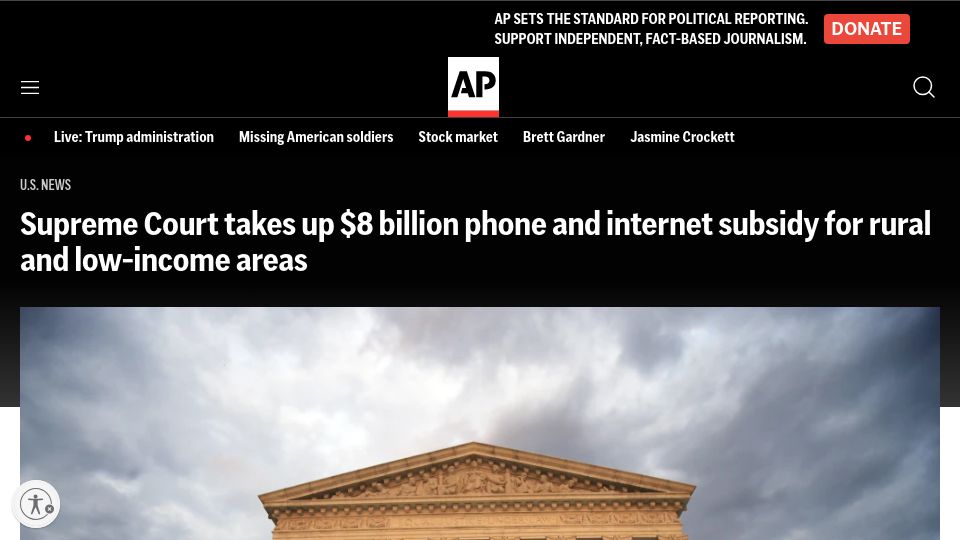Screenshot of apnews.com: Supreme Court takes up $8B phone and internet subsidy for rural areas