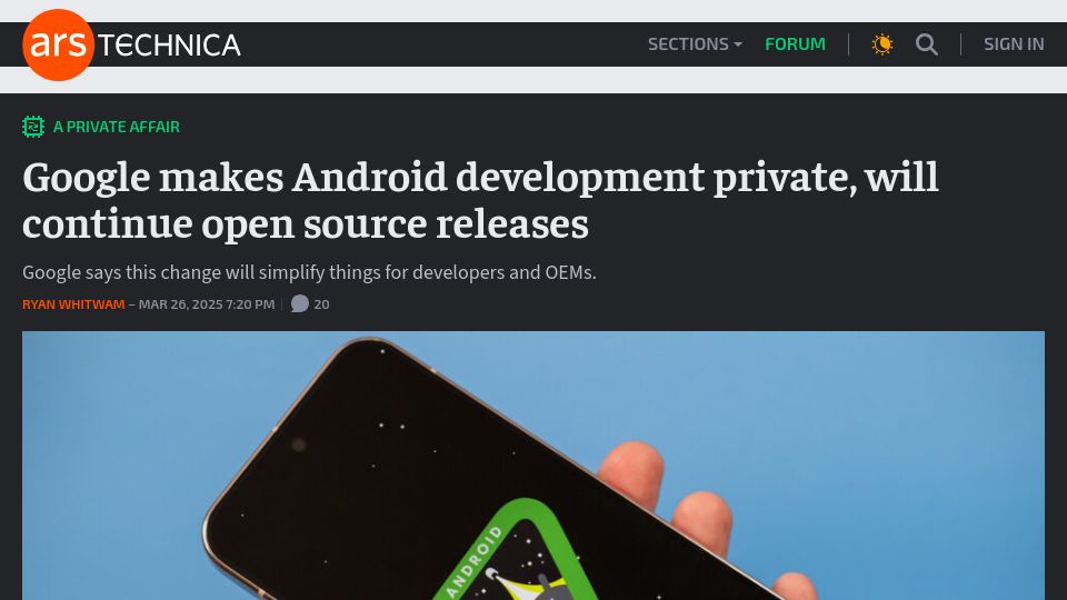 Screenshot of arstechnica.com: Google makes Android development private, will continue open source releases