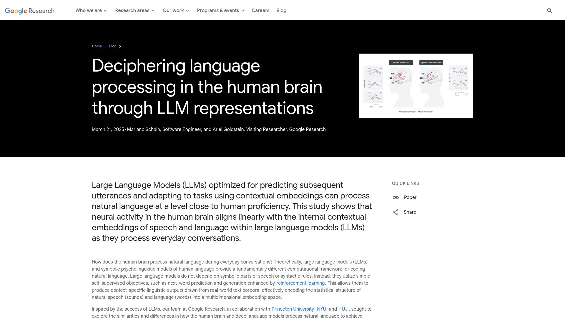 Screenshot of research.google: Deciphering language processing in the human brain through LLM representations