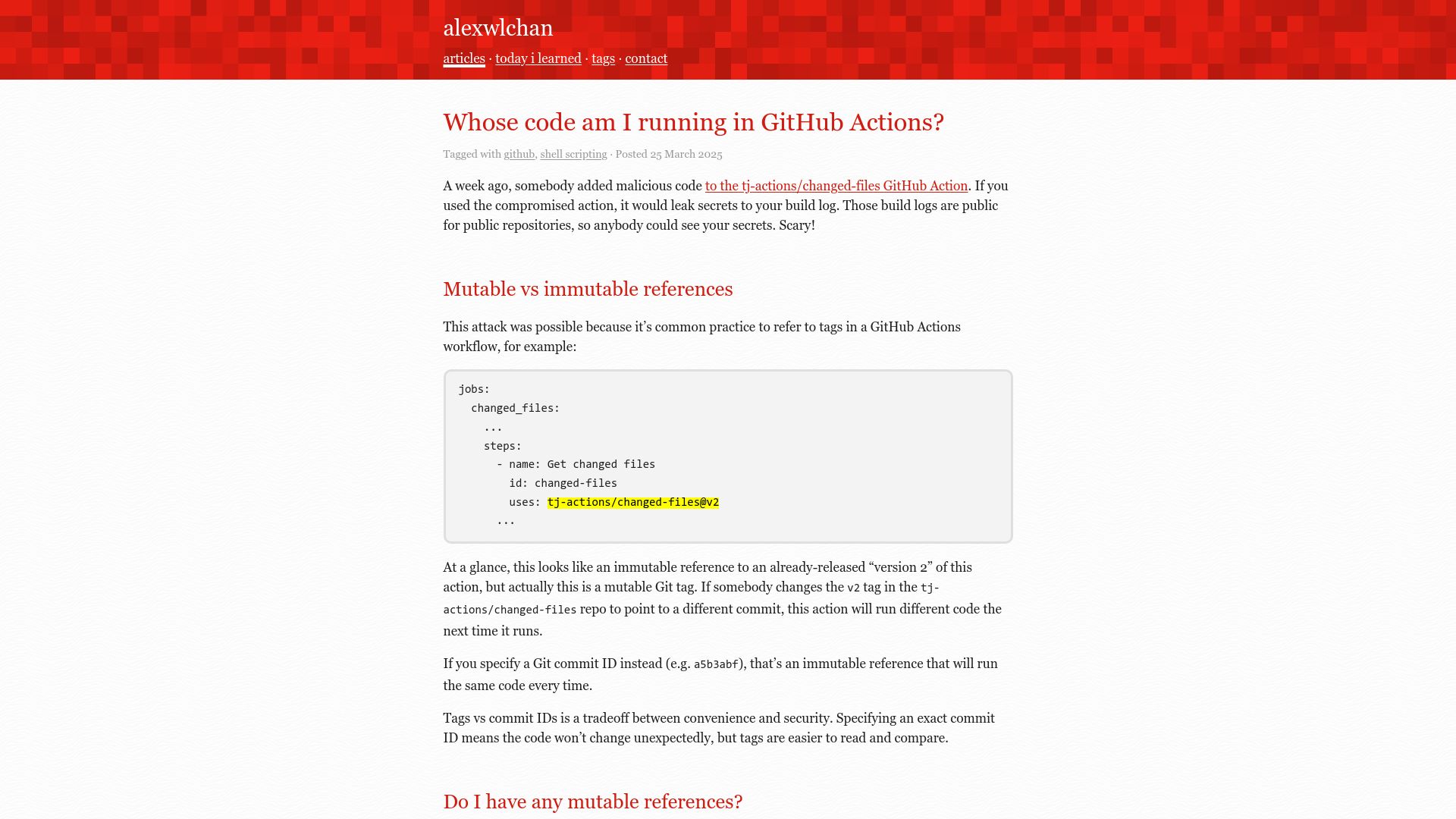 Screenshot of alexwlchan.net: Whose code am I running in GitHub Actions?