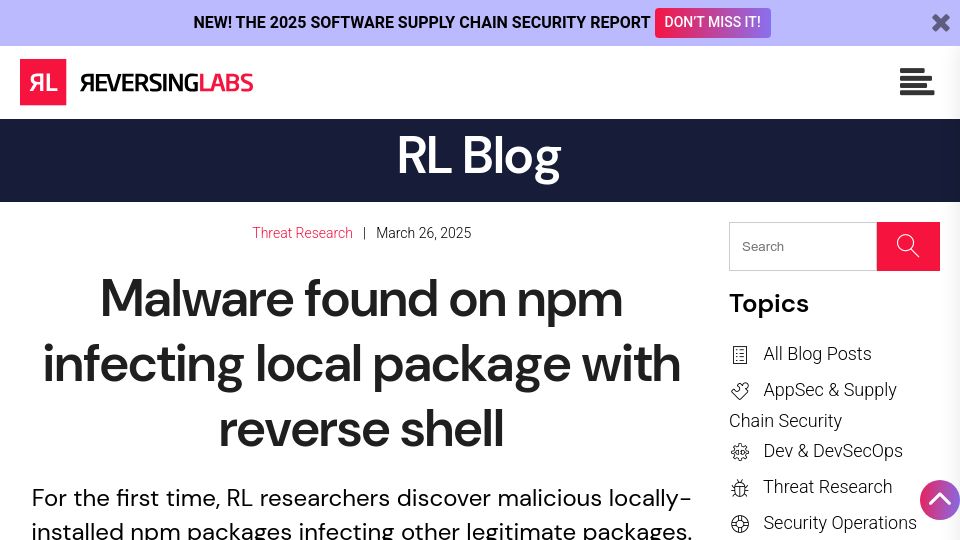 Screenshot of reversinglabs.com: Malware found on NPM infecting local package with reverse shell