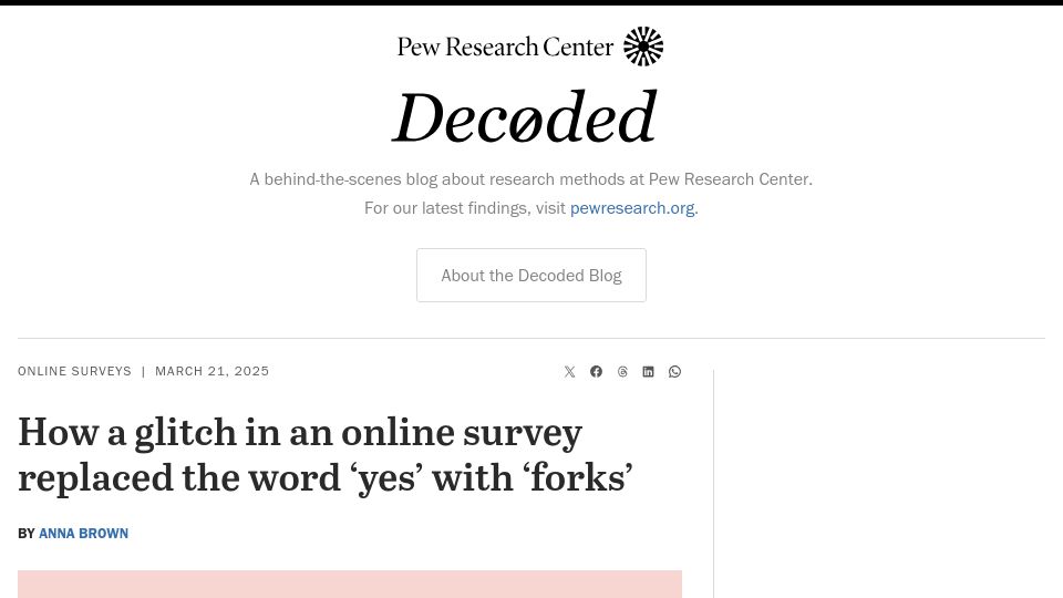 Screenshot of pewresearch.org: A glitch in an online survey replaced the word 'yes' with 'forks'