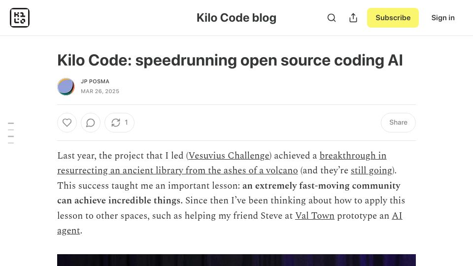 Screenshot of blog.kilocode.ai: Kilo Code: Speedrunning open source coding AI
