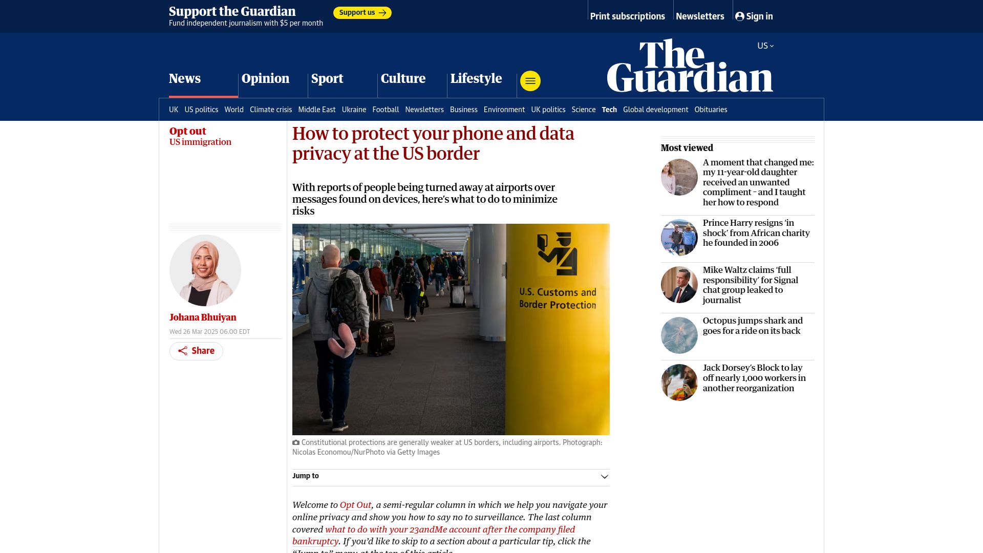 Screenshot of theguardian.com: How to protect your phone and data privacy at the US border