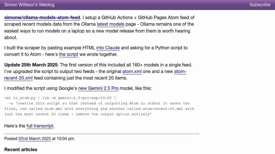 Screenshot of simonwillison.net: Ollama Models Atom Feed