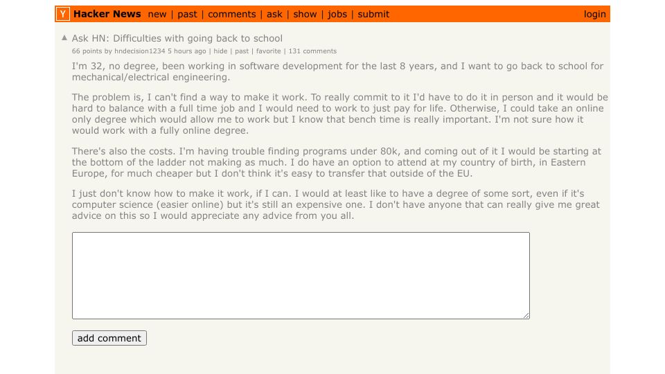 Screenshot of Hacker News post: Ask HN: Difficulties with going back to school