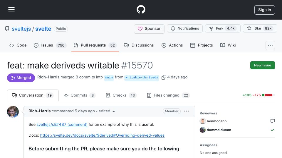 Screenshot of github.com: Svelte: $derived can now be overwritten