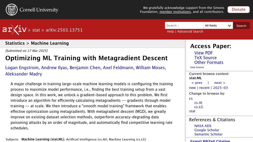 Screenshot of arxiv.org: Optimizing ML training with metagradient descent