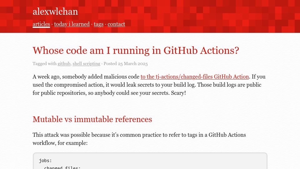 Screenshot of alexwlchan.net: Whose code am I running in GitHub Actions?