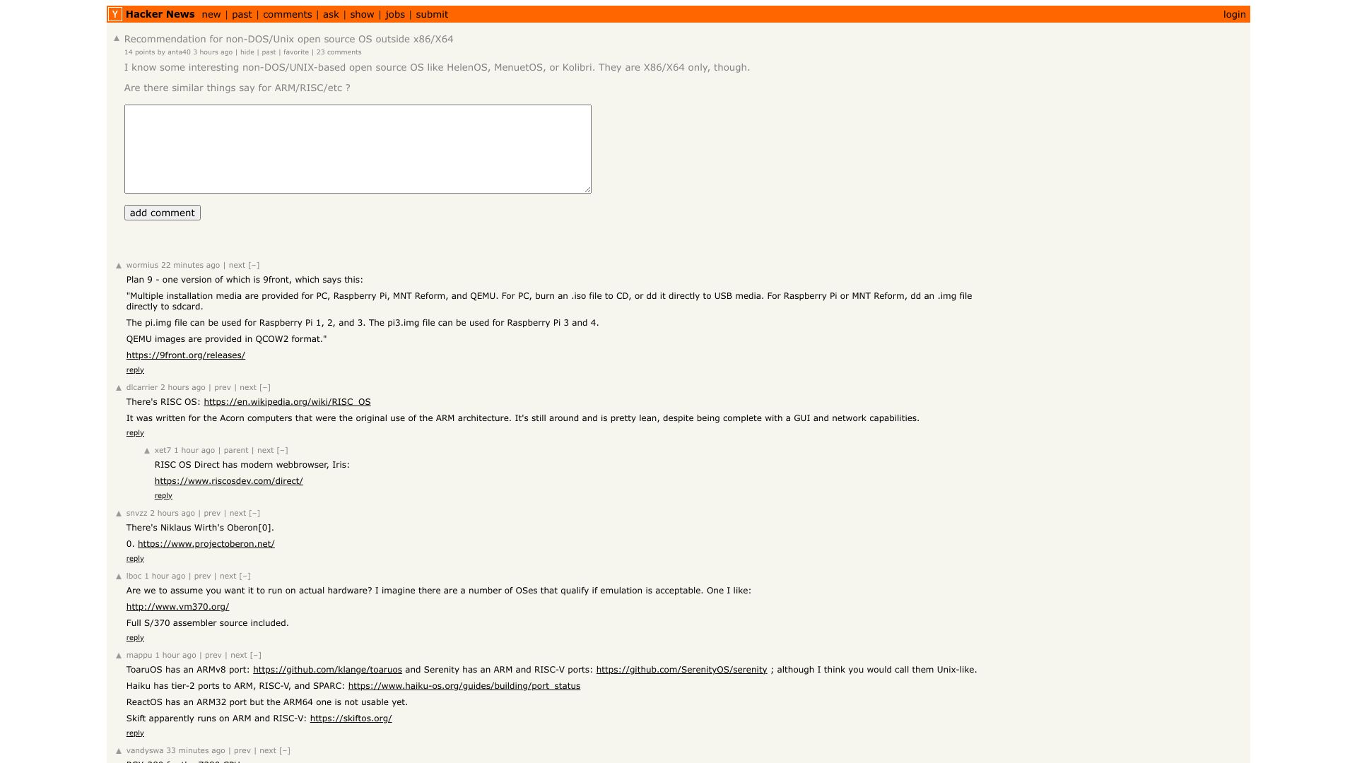 Screenshot of this Hacker News post: Recommendation for non-DOS/Unix open source OS outside x86/X64