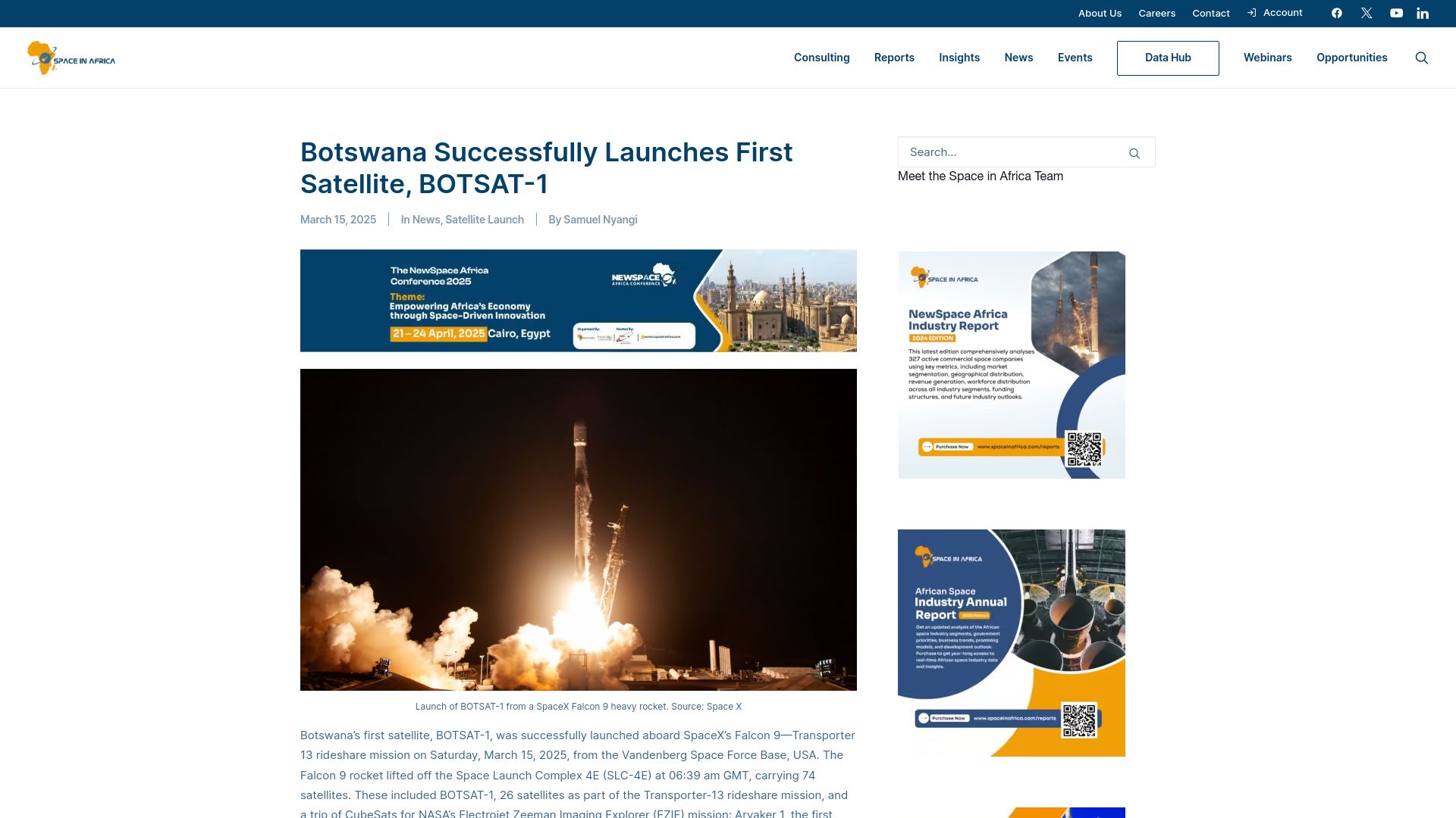Screenshot of spaceinafrica.com: Botswana launches first satellite BOTSAT-1 aboard SpaceX Falcon 9