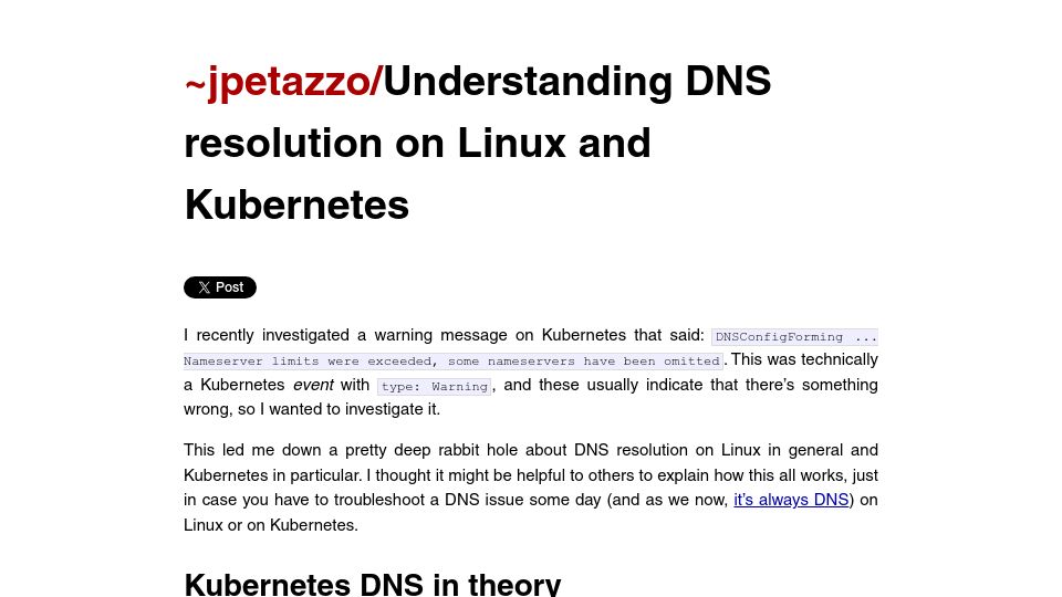 Screenshot of jpetazzo.github.io: Understanding DNS Resolution on Linux and Kubernetes