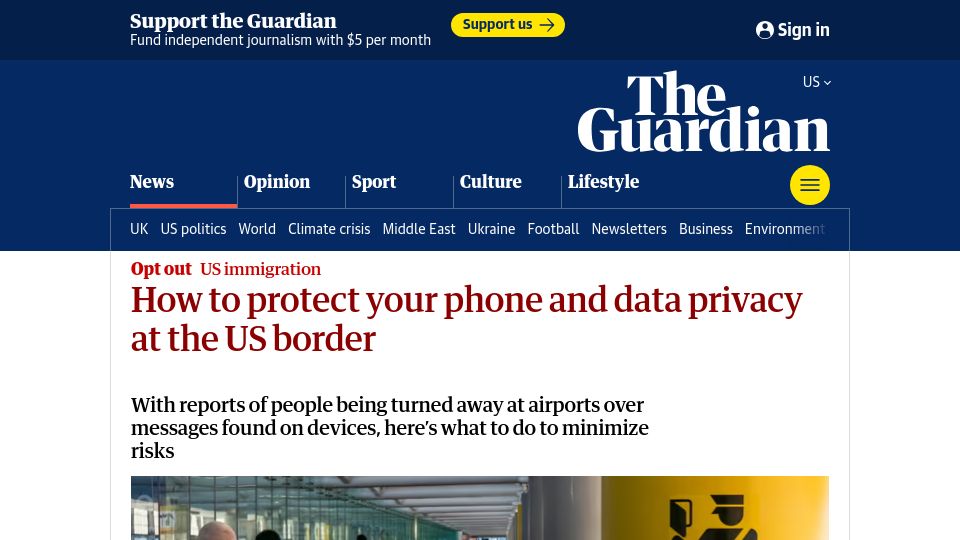 Screenshot of theguardian.com: How to protect your phone and data privacy at the US border