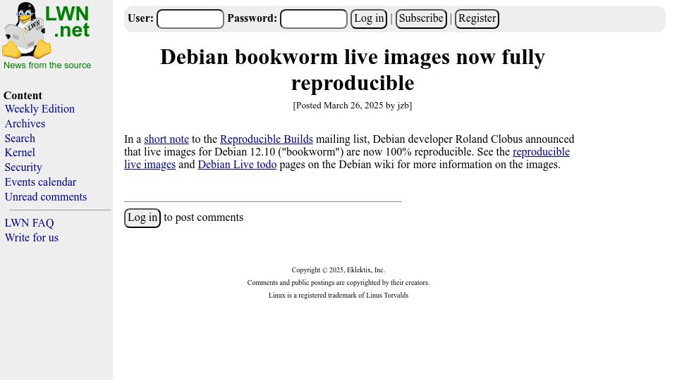 Screenshot of lwn.net: Debian bookworm live images now reproducible
