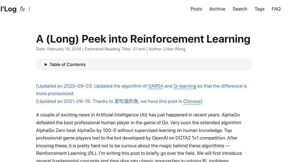 Screenshot of lilianweng.github.io: A (Long) Peek into Reinforcement Learning