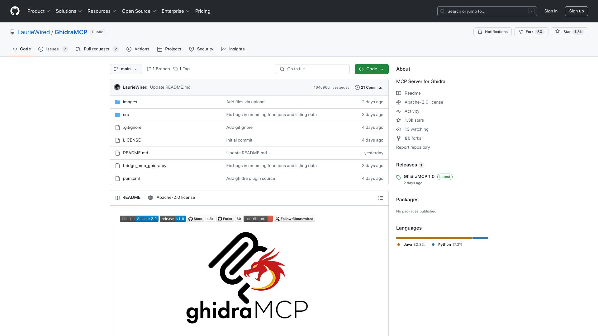 Screenshot of github.com: MCP server for Ghidra