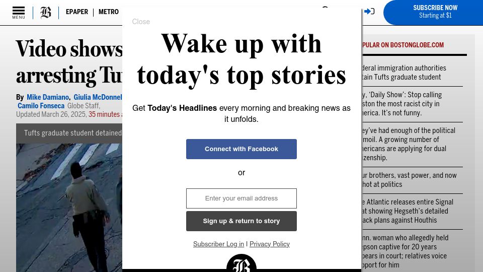Screenshot of bostonglobe.com: Tufts student: Video shows masked agents arresting Rumeysa Ozturk