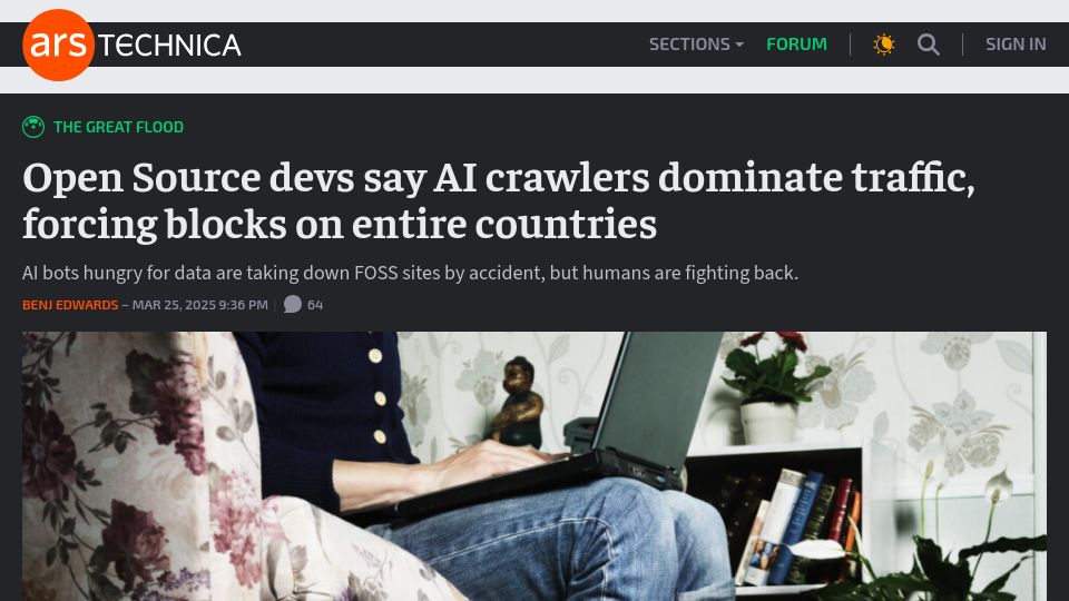 Screenshot of arstechnica.com: Devs say AI crawlers dominate traffic, forcing blocks on entire countries