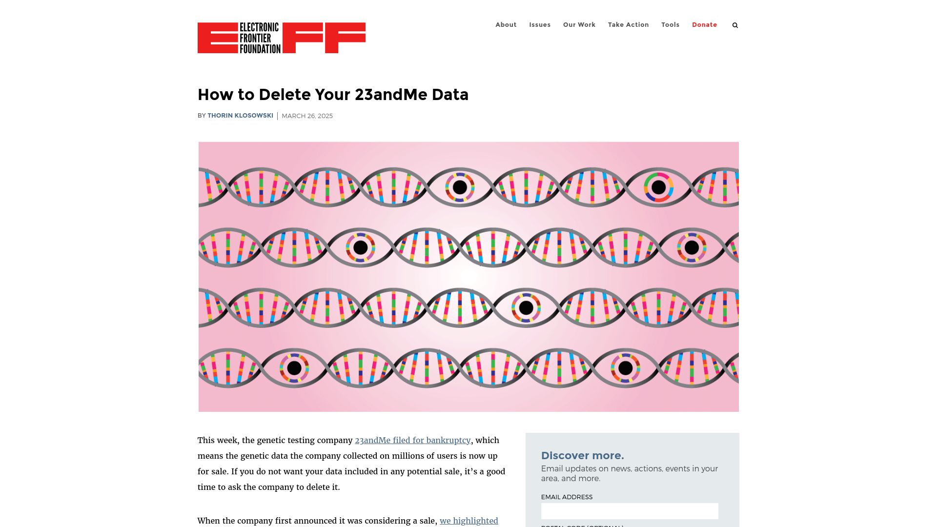 Screenshot of eff.org: How to Delete Your 23andMe Data