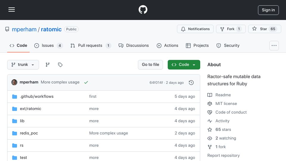 Screenshot of github.com: Ratomic: Provides Mutable data structures for use with Ruby's Ractors