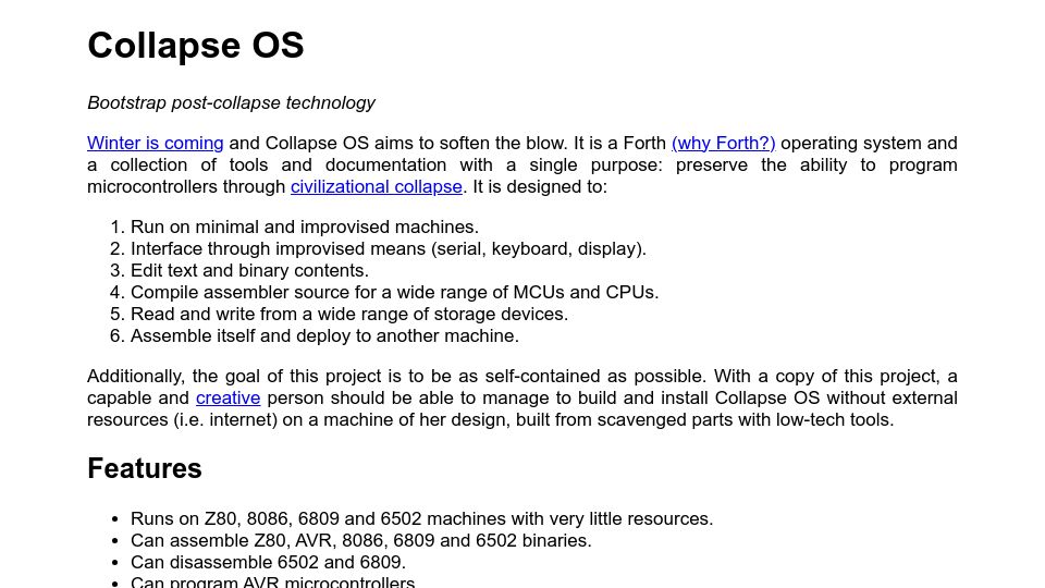 Screenshot of collapseos.org: Collapse OS