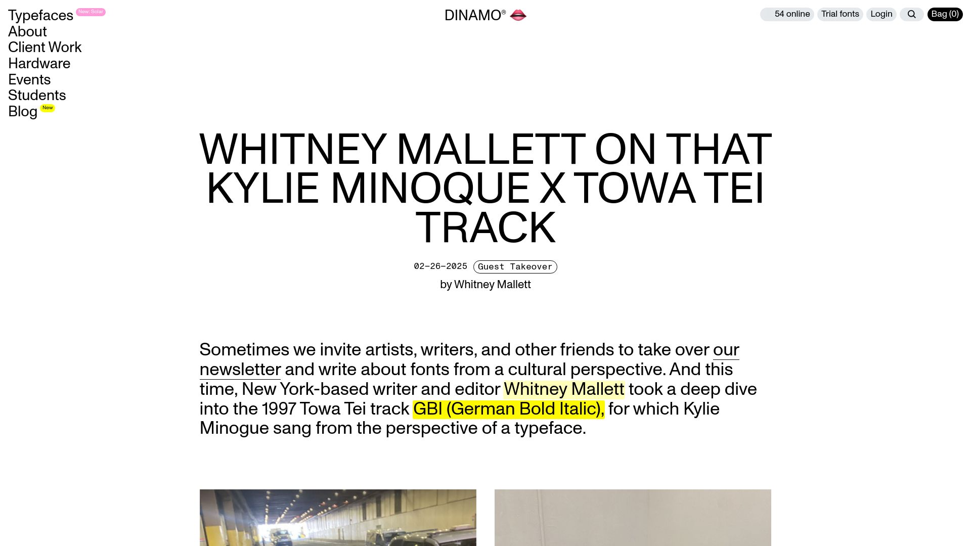 Screenshot of abcdinamo.com: Kylie Minogue song about a typeface