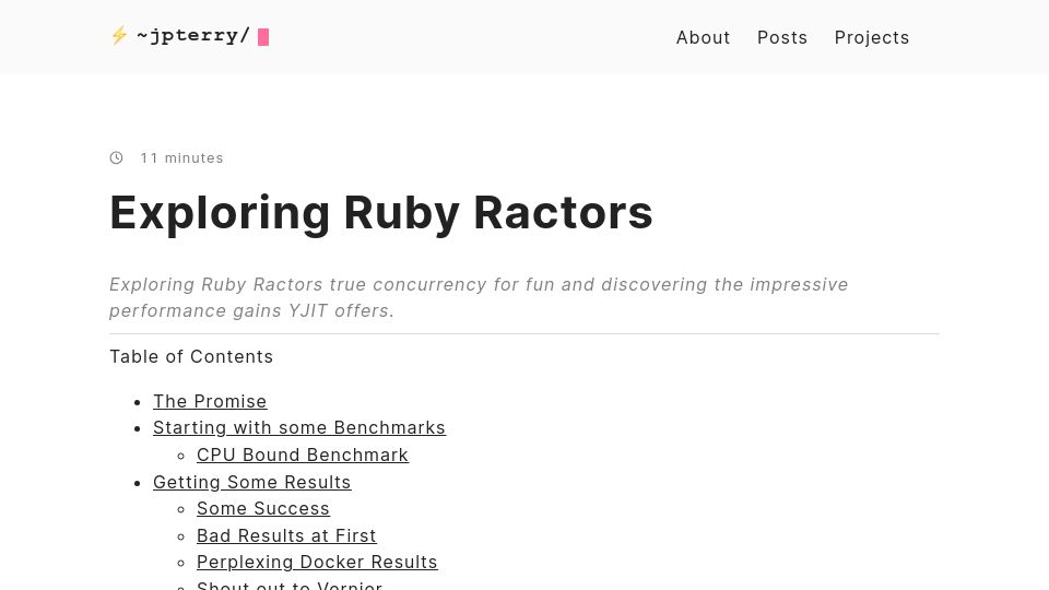 Screenshot of jpterry.com: Exploring Ruby Ractors – I paid for for 10 cores I'm gonna use 10 cores