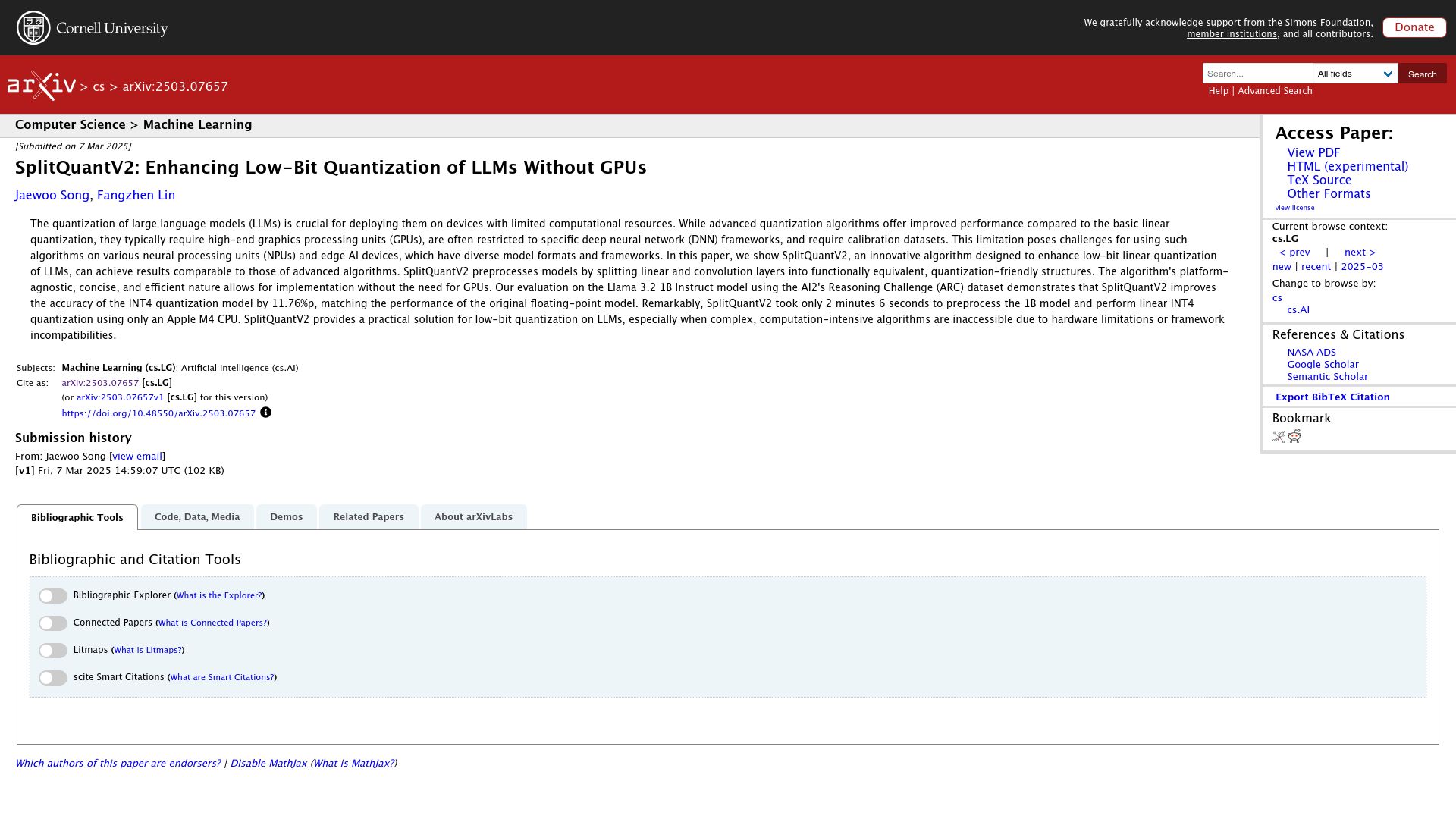 Screenshot of arxiv.org: SplitQuantV2: Enhancing Low-Bit Quantization of LLMs Without GPUs