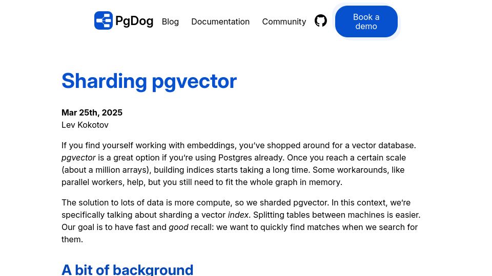 Screenshot of pgdog.dev: Sharding Pgvector