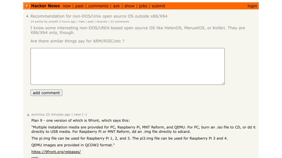 Screenshot of Hacker News post: Recommendation for non-DOS/Unix open source OS outside x86/X64